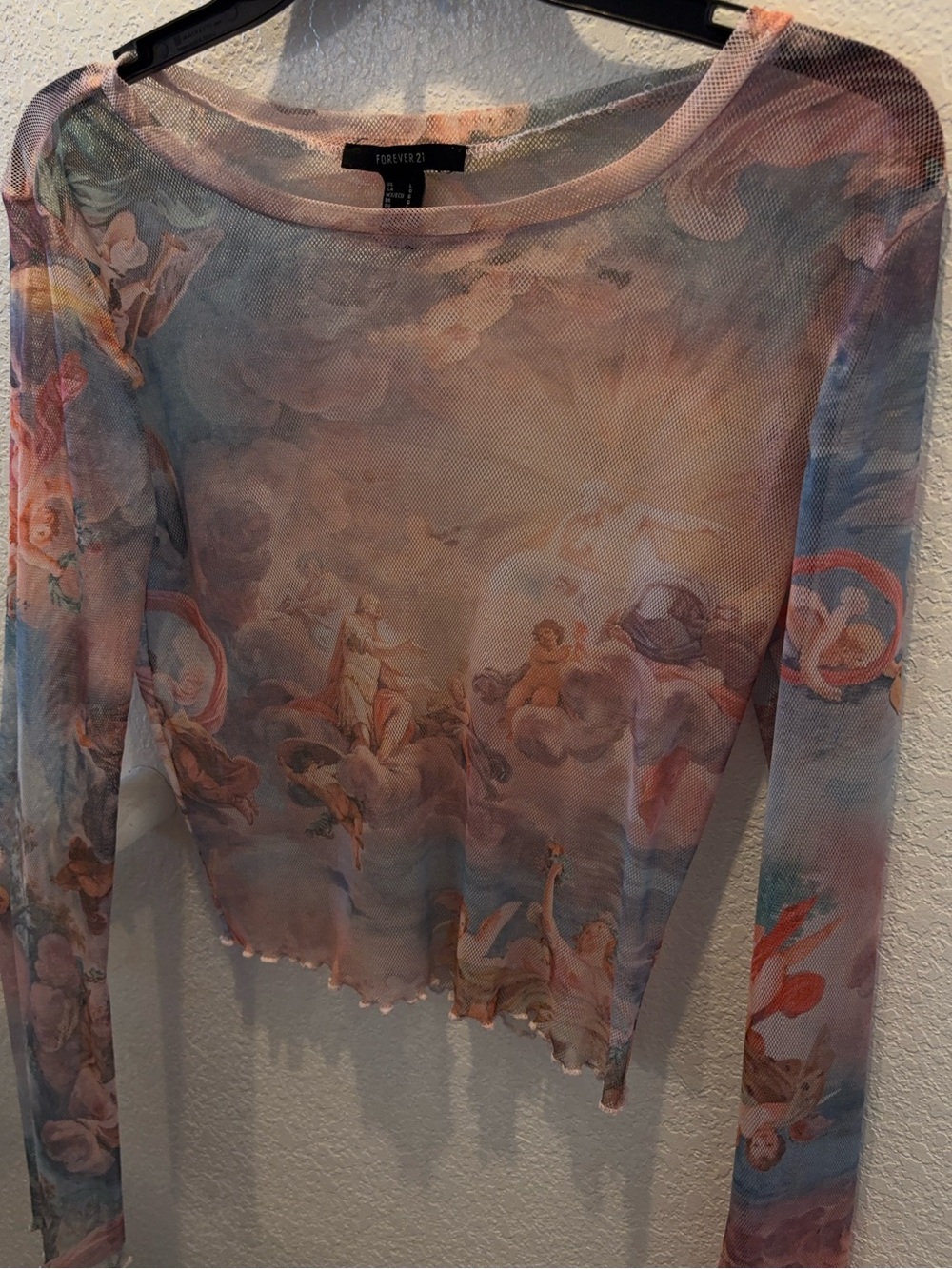 Forever 21 Pastel Cherub Print Long Sleeve Mesh Top - Pink Blue Cream